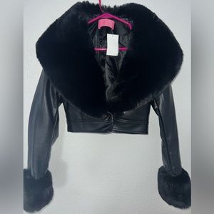 Black leather jacket with  faux fur trim